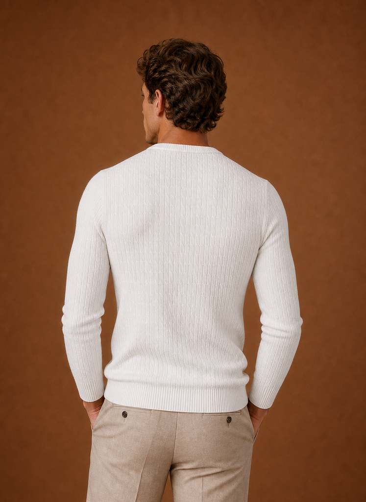 Back view of Areleon men's cable knit crew neck sweater