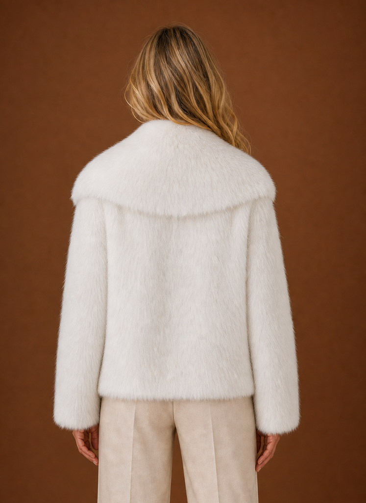 Back view of women's faux fur coat with smooth, clean lines