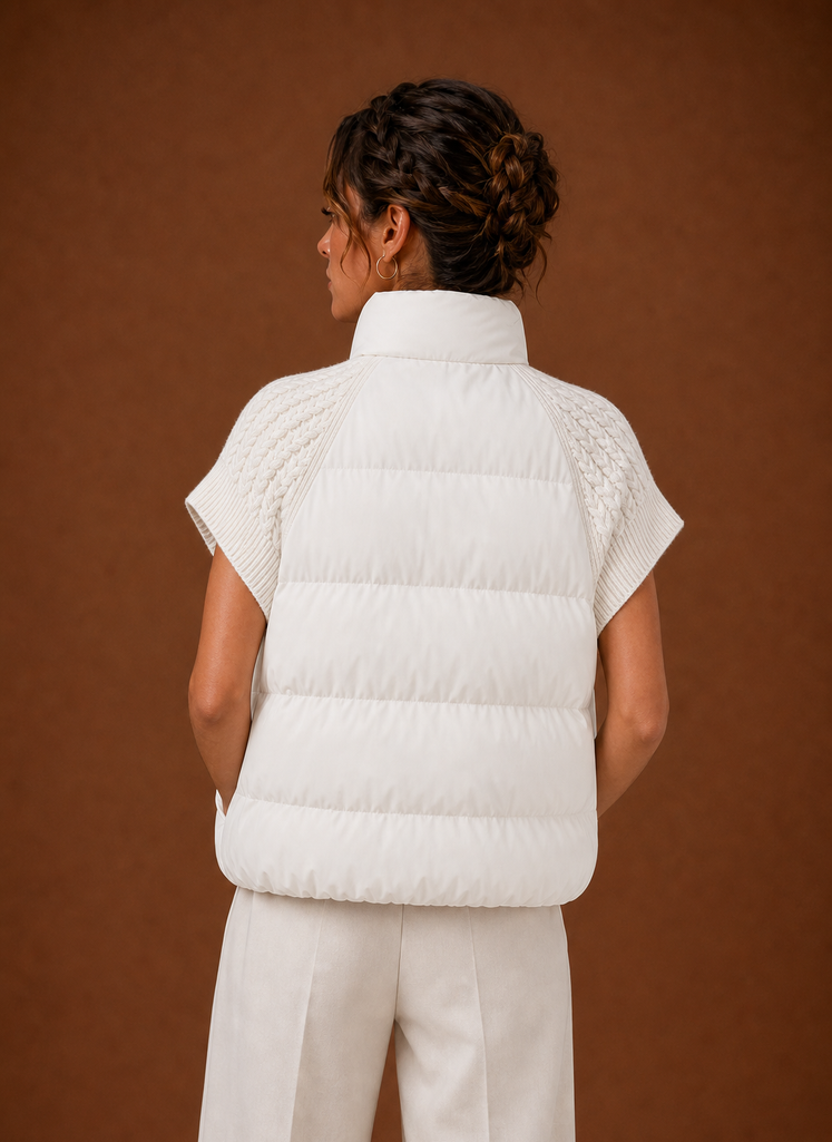 Back view of women's puffer vest highlighting padded body and shoulder detail