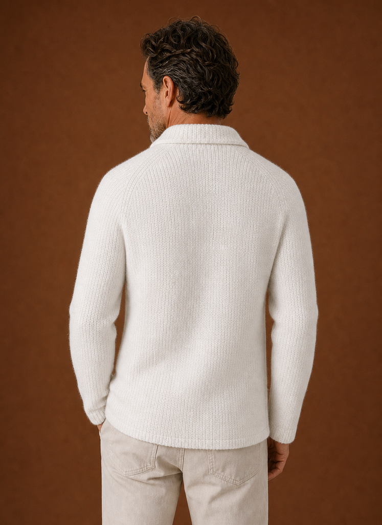 Back view of men's knit cardigan jacket displaying clean silhouette