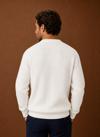 Back view of a men's white crewneck pullover showing the straight hem and collar