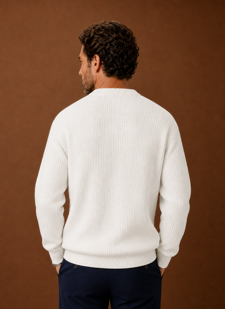 Back view of a men's white crewneck pullover showing the straight hem and collar