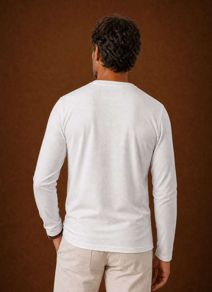 Back view of men's long-sleeve Henley shirt with clean hem