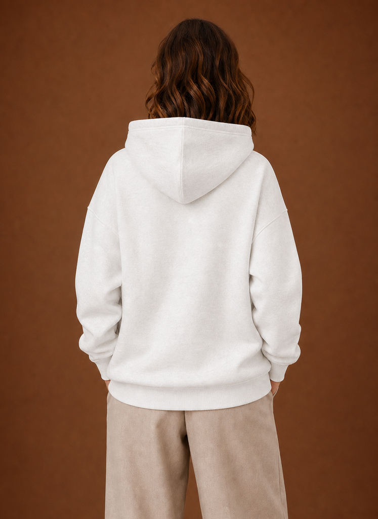 Back view of women's oversized hoodie with hood down and plain back