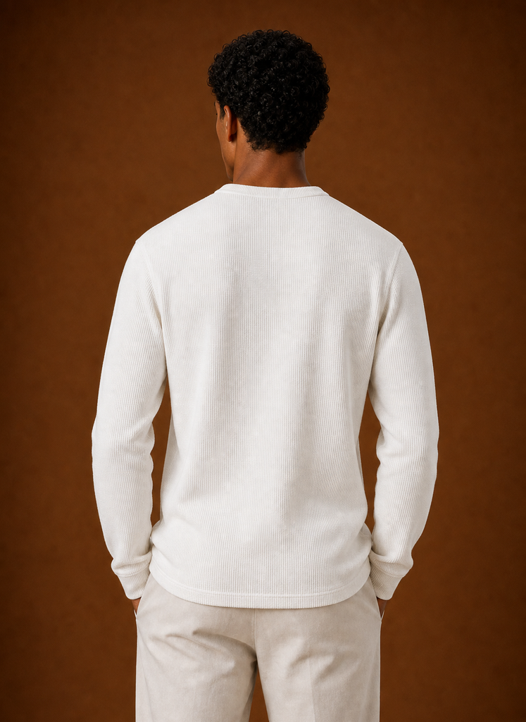 Back view of men's waffle knit Henley shirt showing knit texture and clean hem