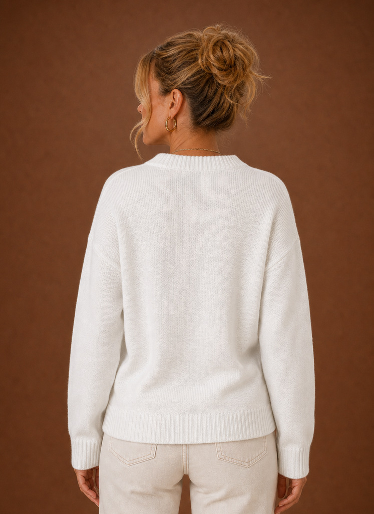 Back view of Areleon crew neck pullover in solid color