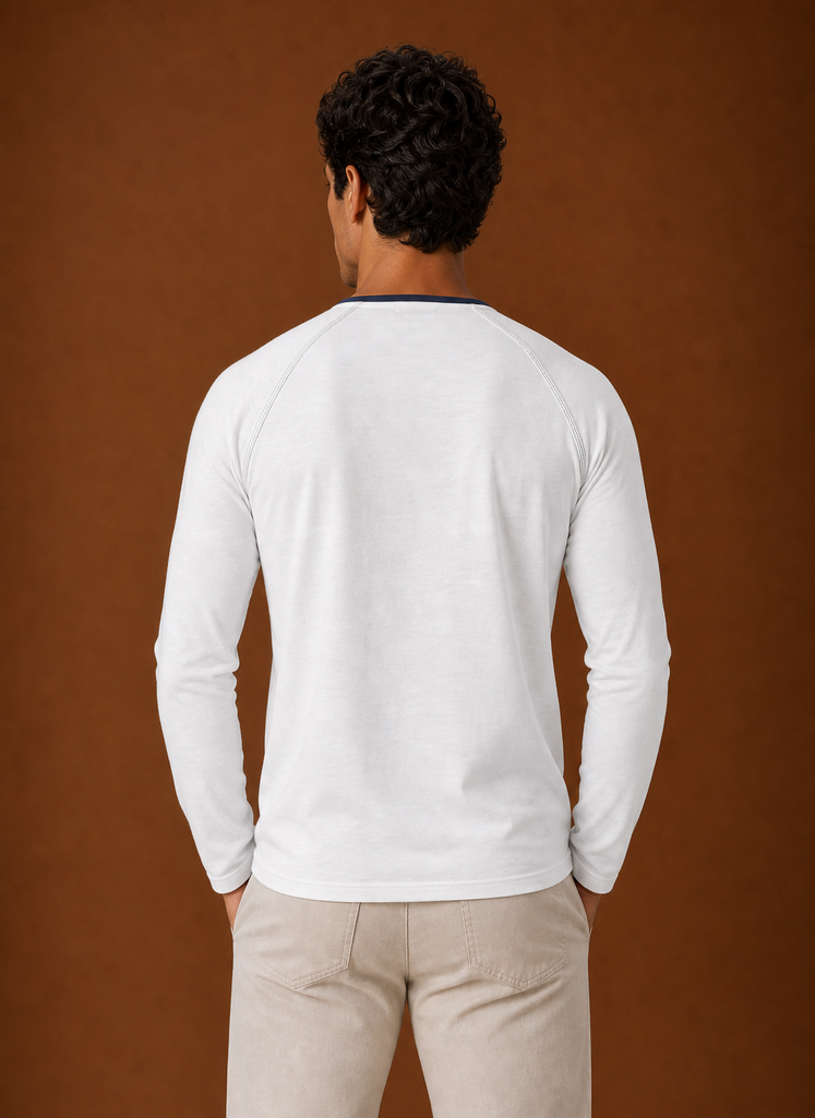 Back view of a men's Henley shirt with plain back detail
