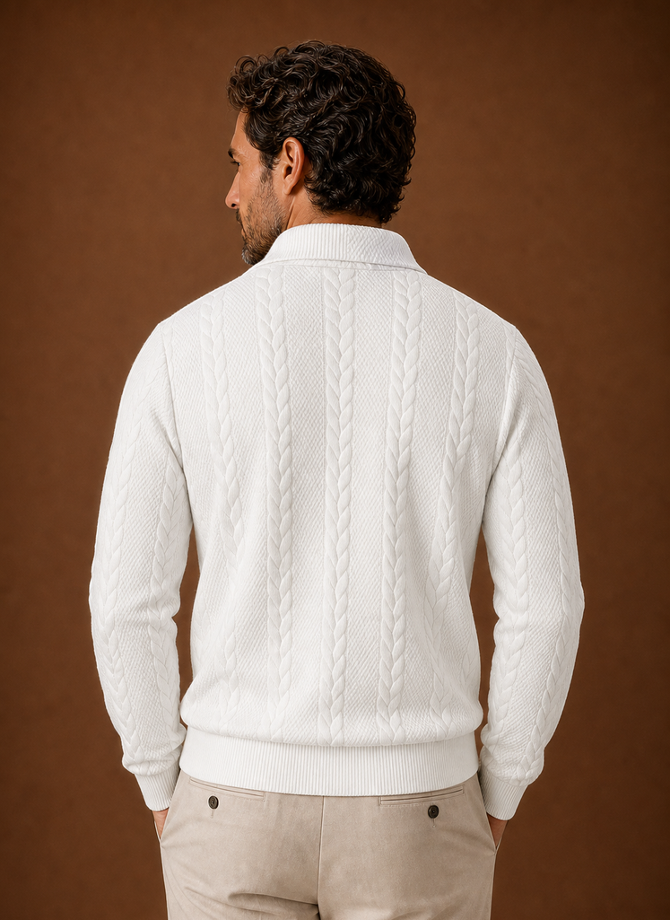 Back view of men's zip sweater showing full back silhouette