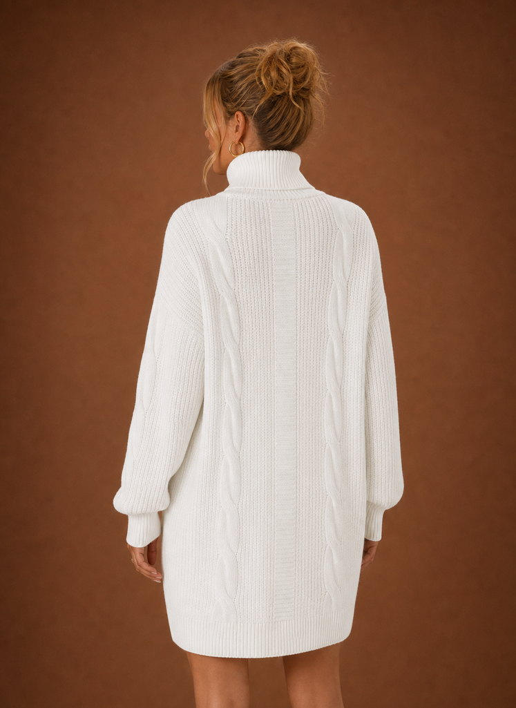 Back view of women's turtleneck sweater dress showing the rear silhouette and neckline