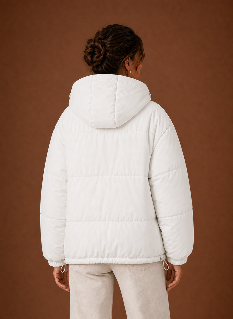 Back view of the women's hooded puffer jacket with hood visible