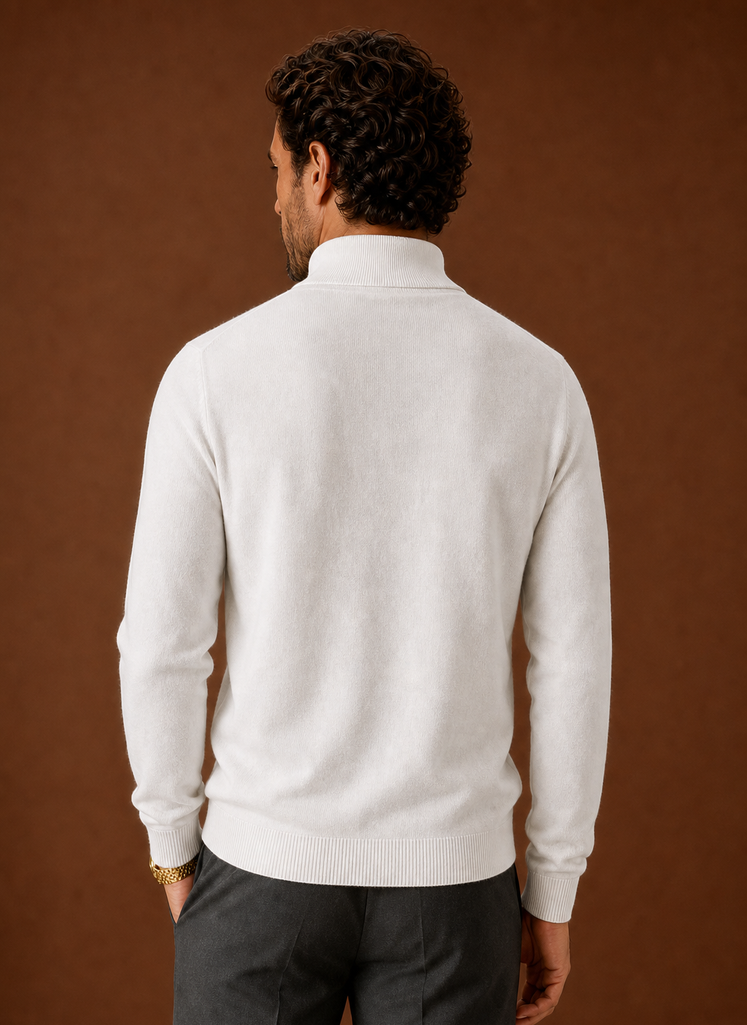 Back view of the mock neck sweater showing a clean hem and fit