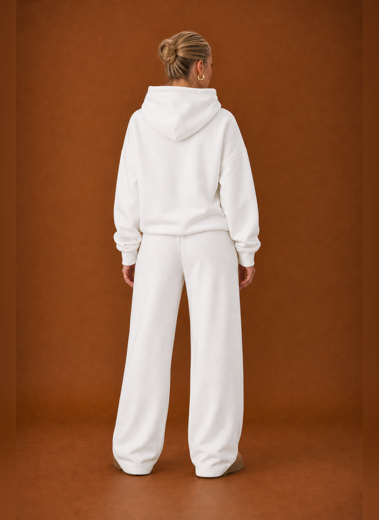 Back view of the matching sweatsuit set showing a clean silhouette