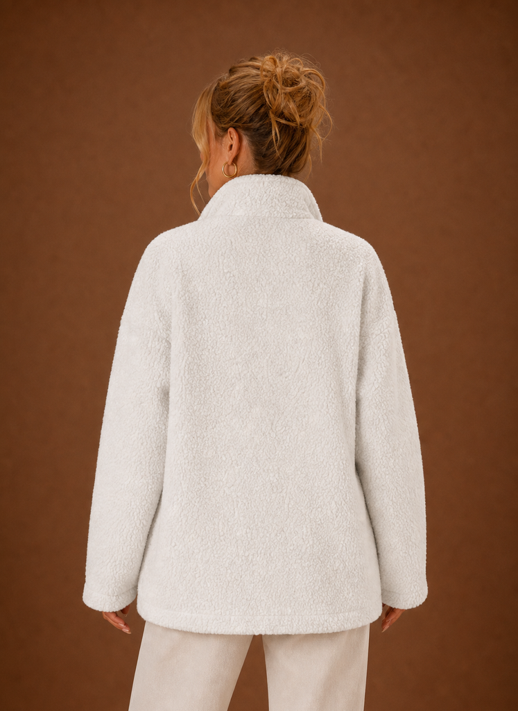Back view of Sherpa Zip-Up Jacket with straight hem