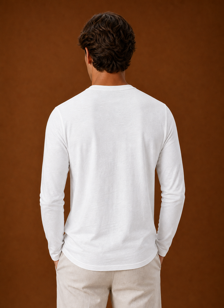 Back view of the men's Henley shirt with a clean, unadorned back panel