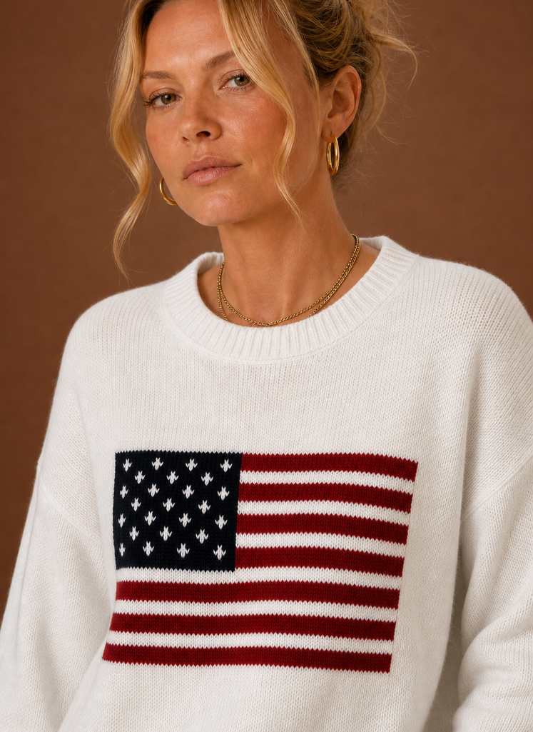 Close-up of American flag graphic and crew neckline on Areleon pullover