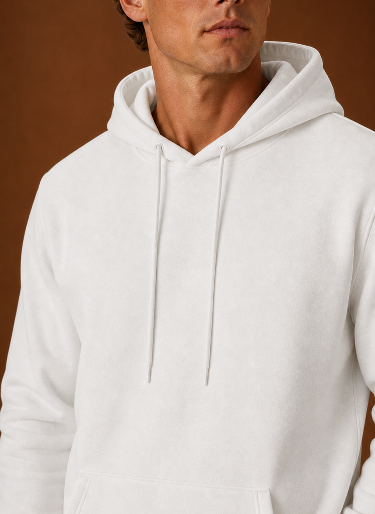 Close-up of the Areleon men's hoodie hood and stitching at the neckline