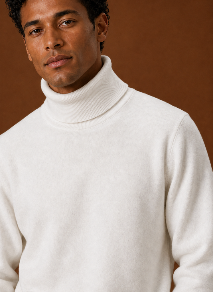 Men's Turtleneck Sweater - Fleece Lined Roll Neck Pullover closeup view