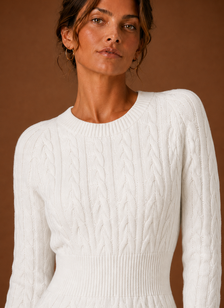 Close-up of cable knit texture and stitch detail on the sweater dress