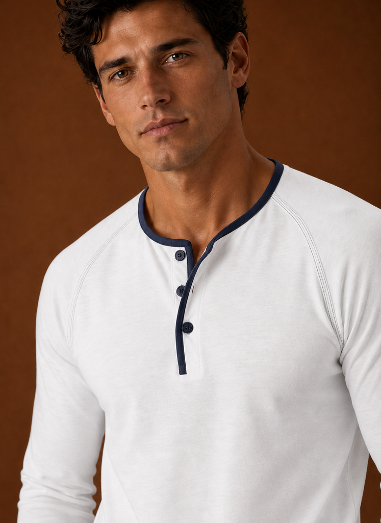 Close-up of the Henley shirt button placket and neckline stitching