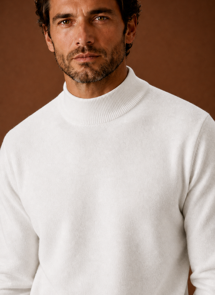 Close-up of the mock neckline and knit detail on the Areleon sweater