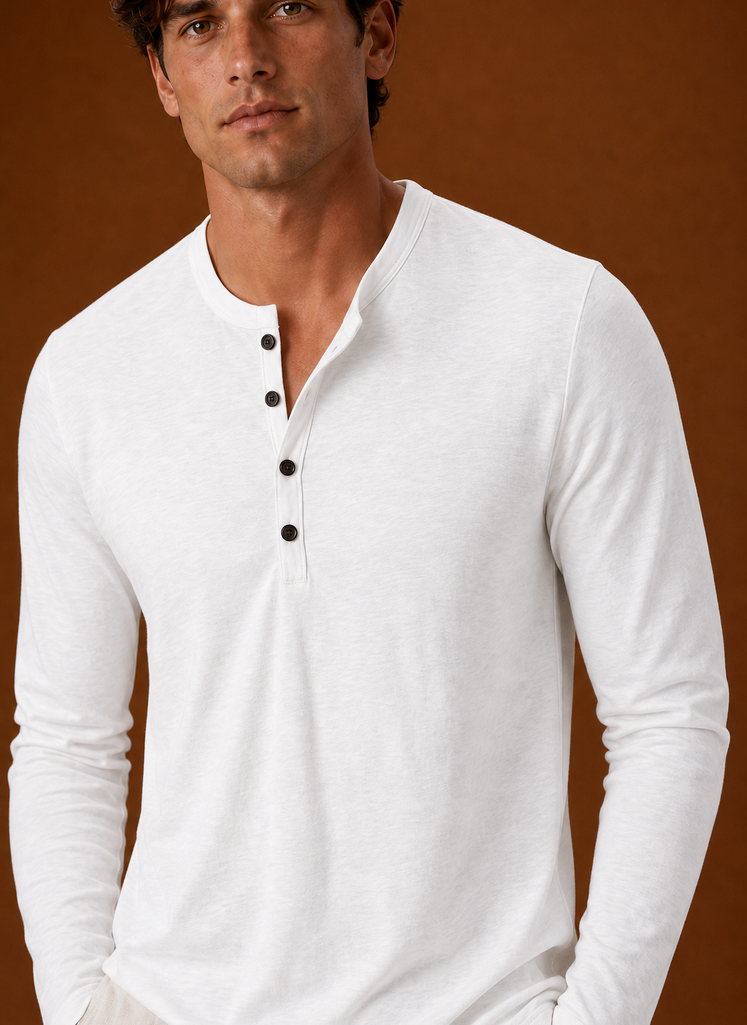 Close-up of the Henley shirt's button placket and neckline detailing