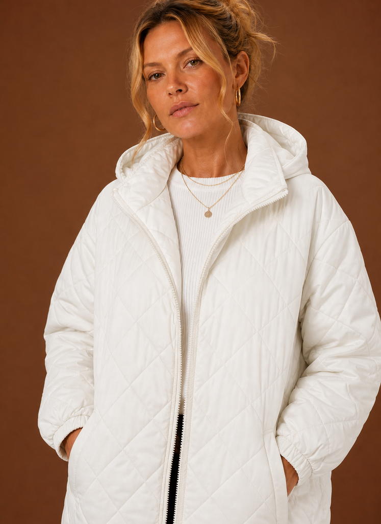 Women's Long Quilted Hooded Winter Coat closeup view