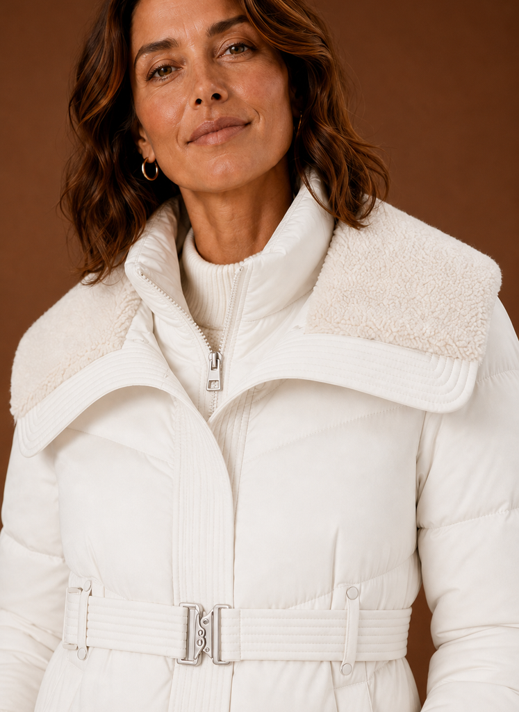 Close-up of the belt and stitching detail at the jacket's waist