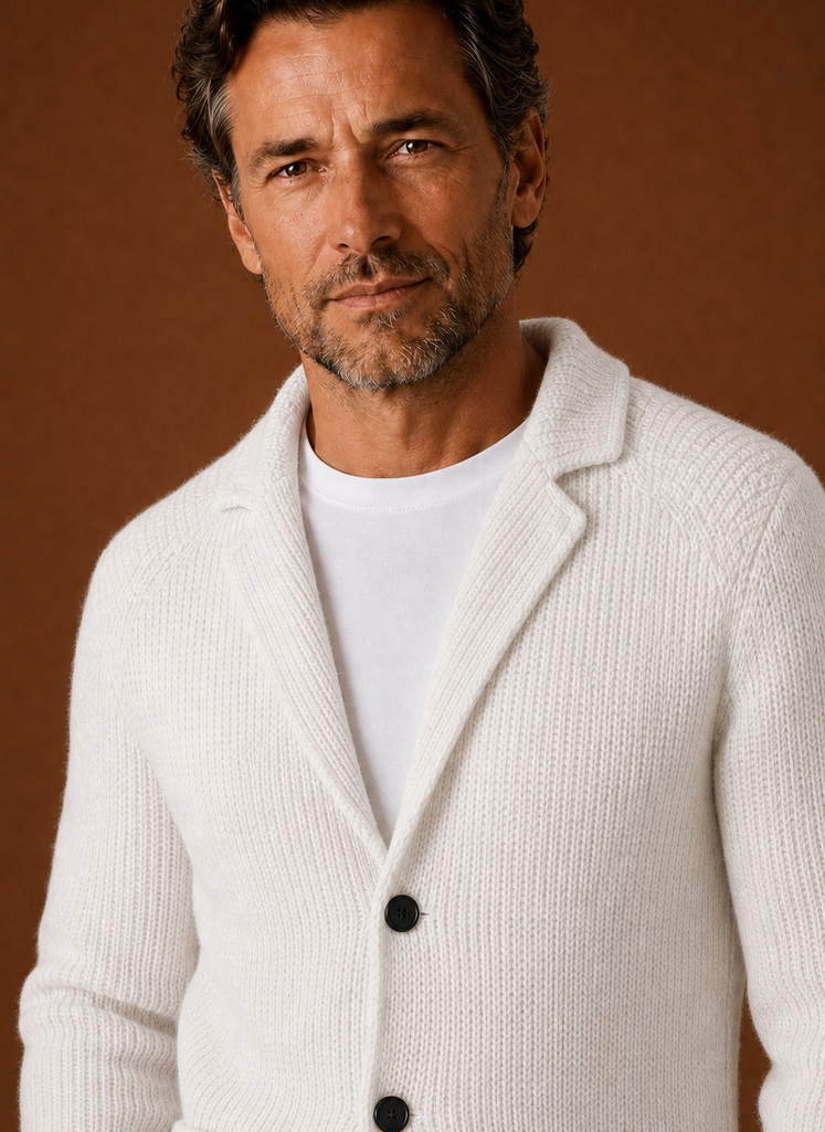 Close-up of button-front closure and blazer-style collar on men's knit cardigan jacket