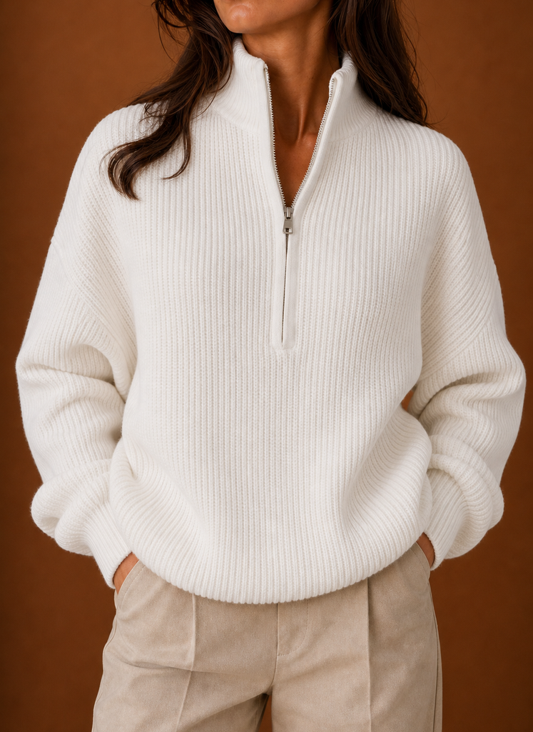 Close-up of the quarter-zip neckline and zipper pull on the women's sweater