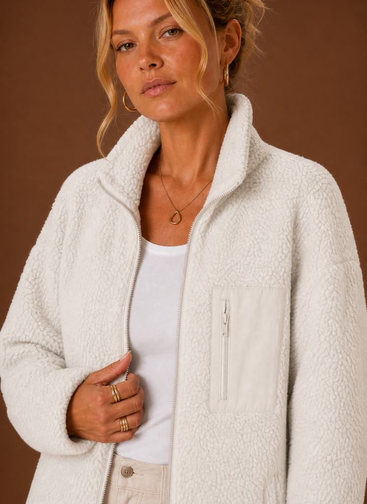 Close-up of sherpa-style texture and zipper detail on the jacket