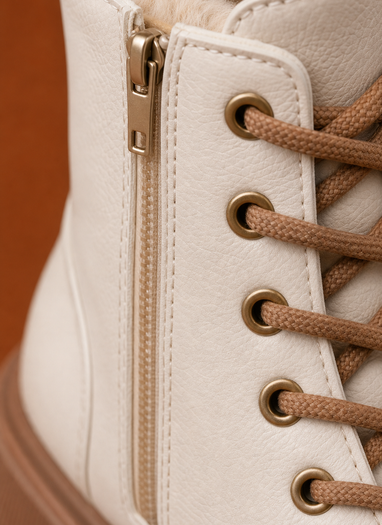 Close-up of the lug sole tread and lace-up eyelets on the ankle boot