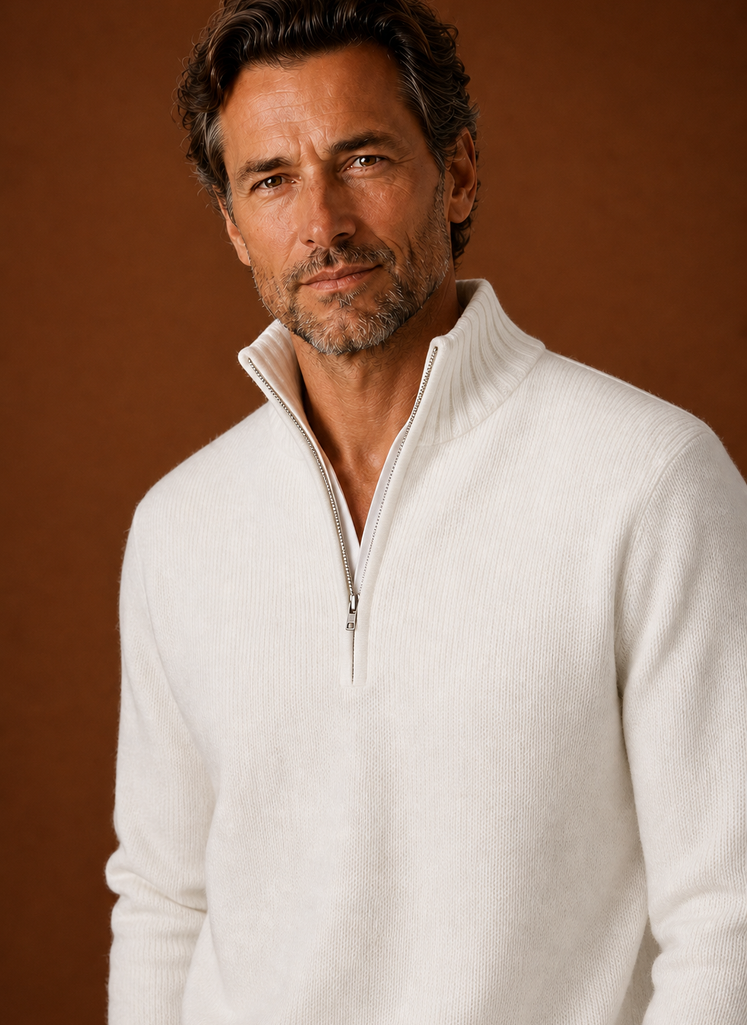 Close-up of Areleon men's half-zip knit sweater showing knit texture and zipper