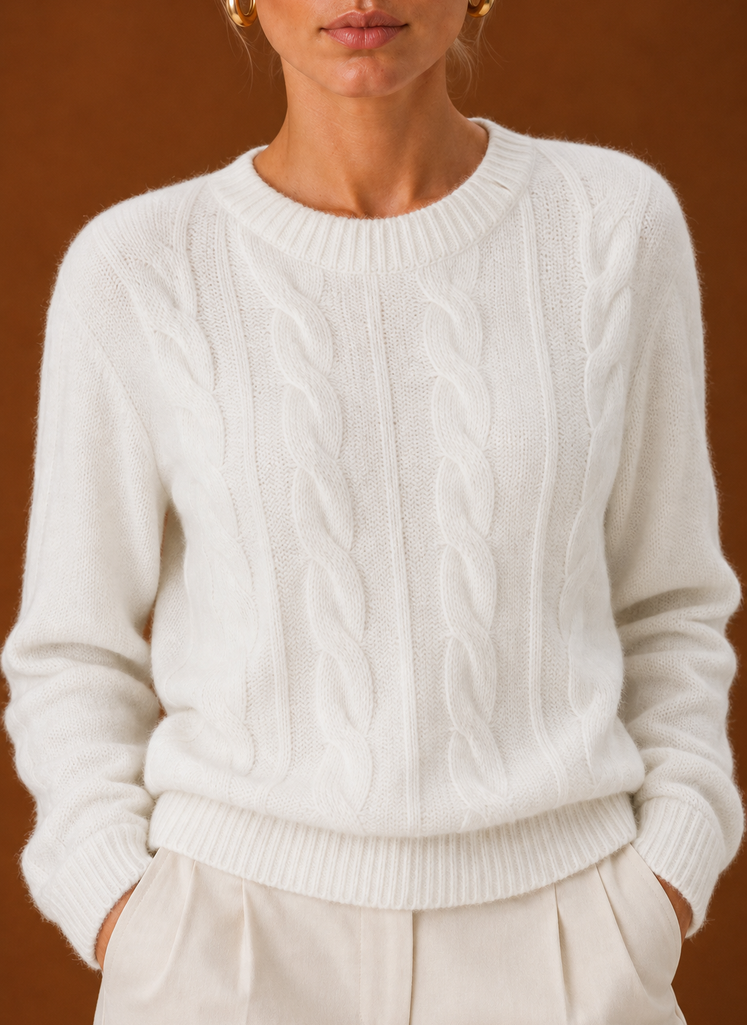Women's Cable Knit Sweater - Crew Neck Knit Pullover closeup view