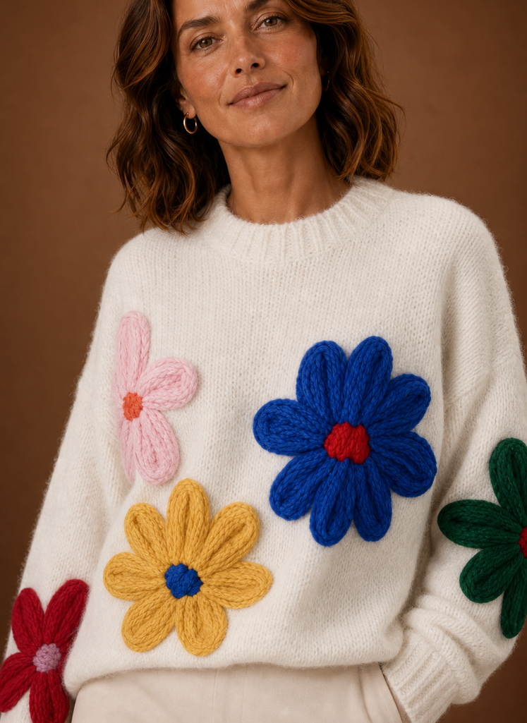 Close-up of the floral knit detailing and stitch texture on the white oversized sweater