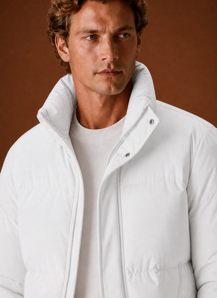 Close-up of the jacket's quilting and stitching detail