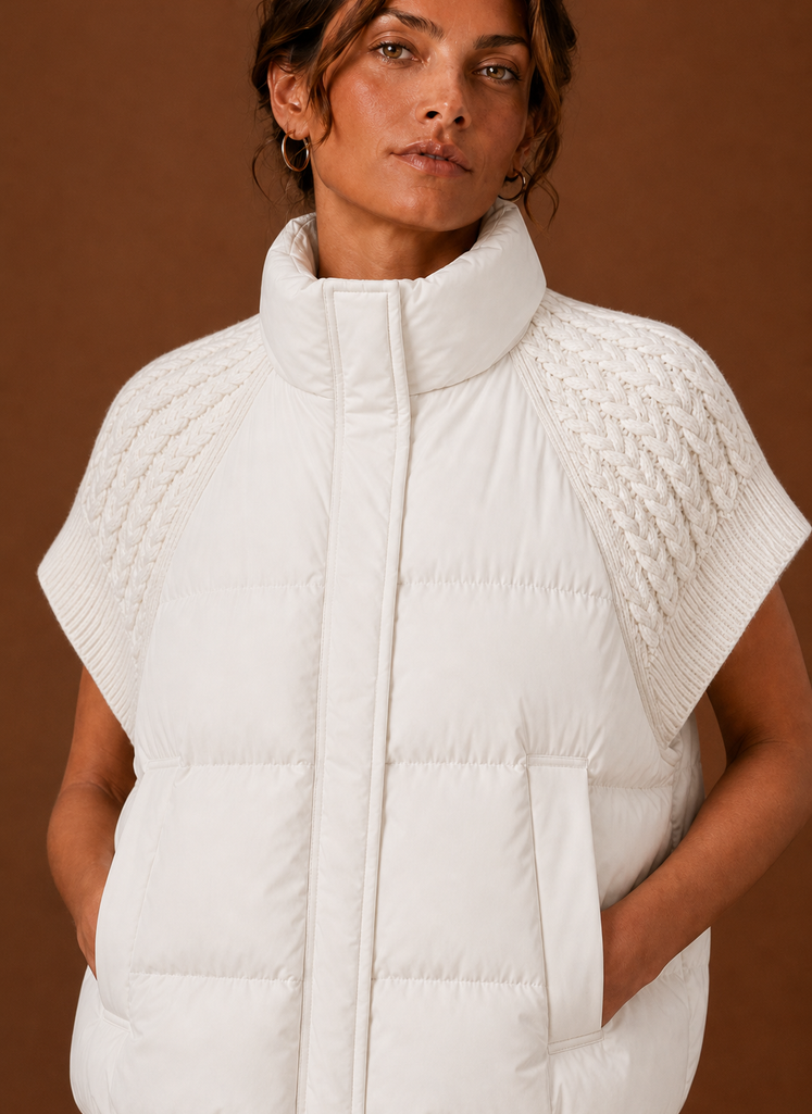 Close-up of knit shoulder panel and puffer stitching on women's vest