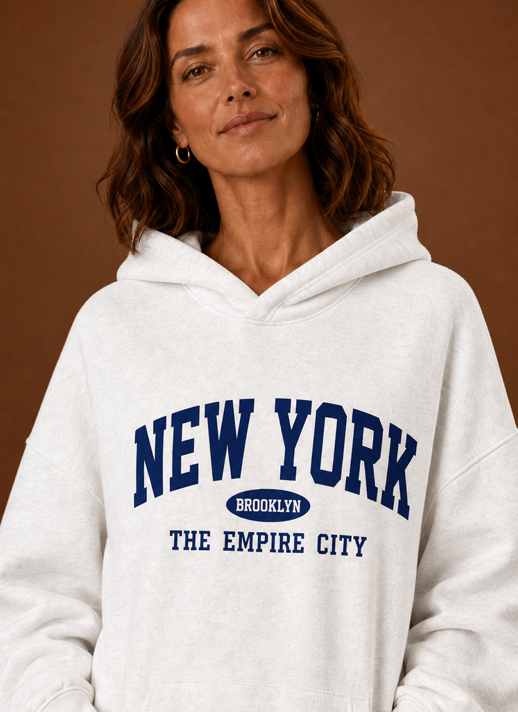 Close-up of the New York printed graphic and hood neckline