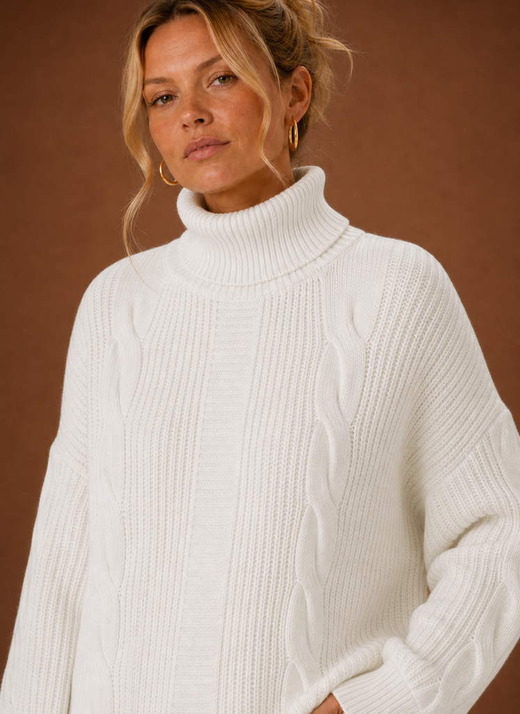 Close-up of the turtleneck and knit construction detailing on the sweater dress