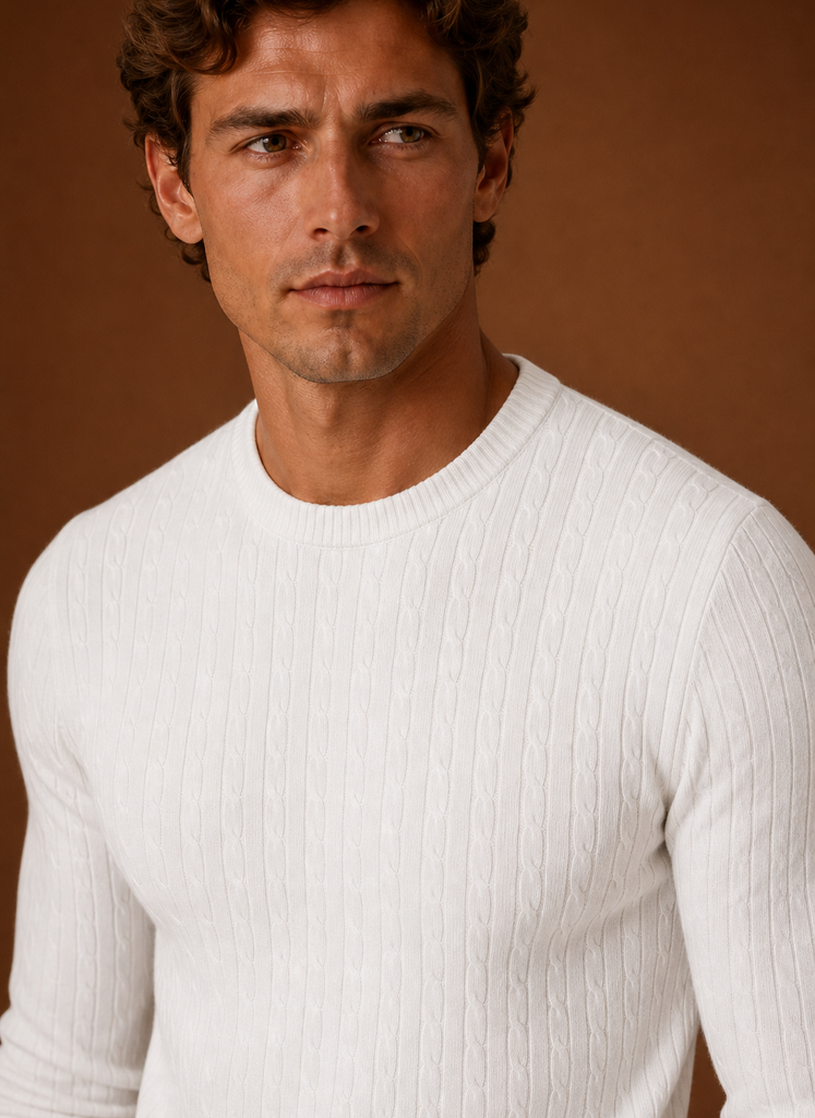 Close-up of cable knit texture and crew neckline on Areleon sweater