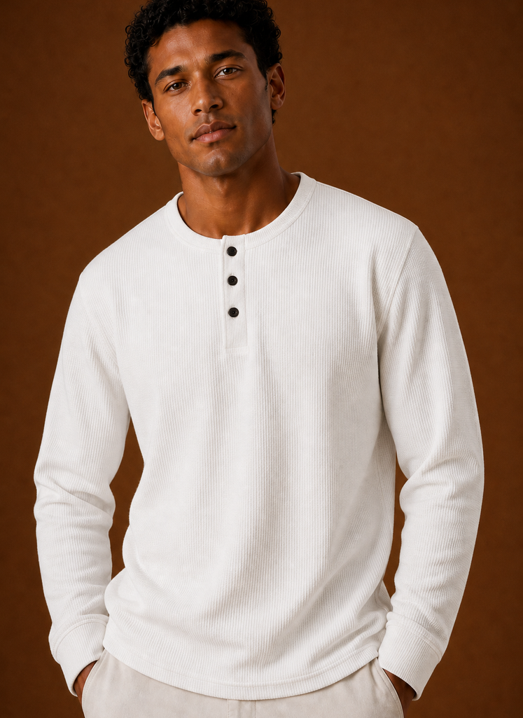 Close-up of waffle knit texture and Henley button placket