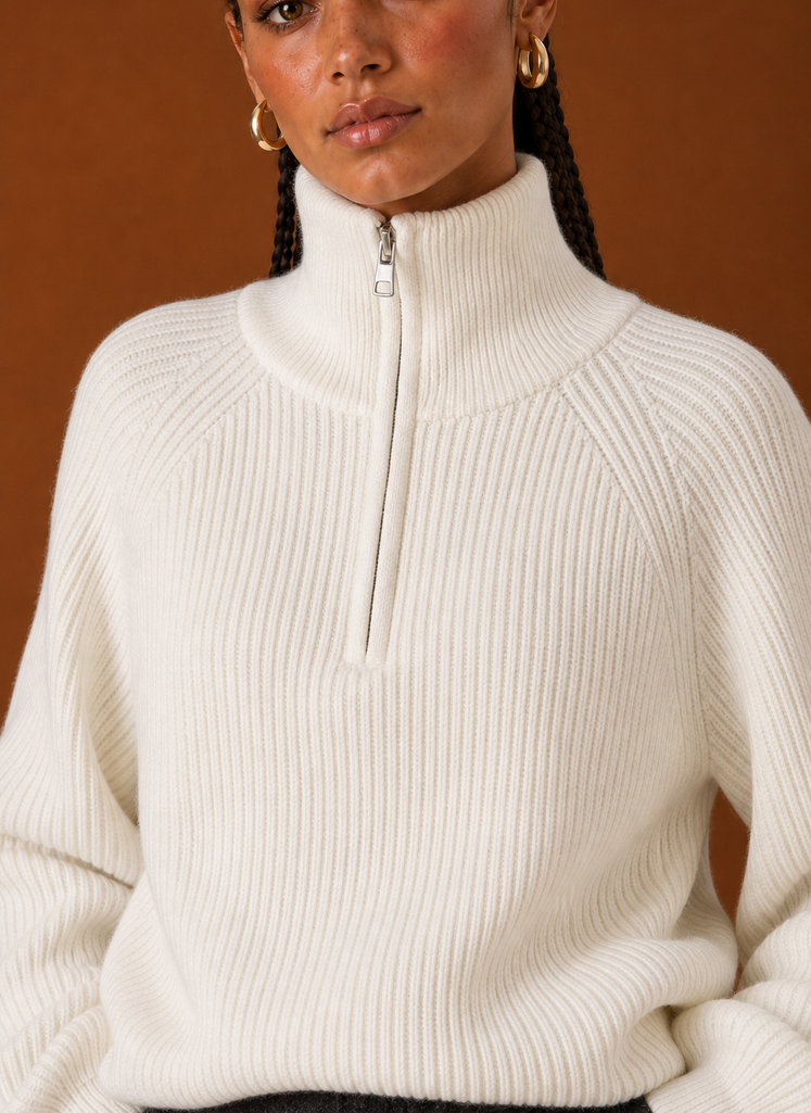 Close-up of the quarter-zip pull tab and knit texture near the neckline
