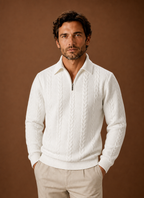 Front view of Areleon men's zip sweater showing front zipper and full-length sleeves