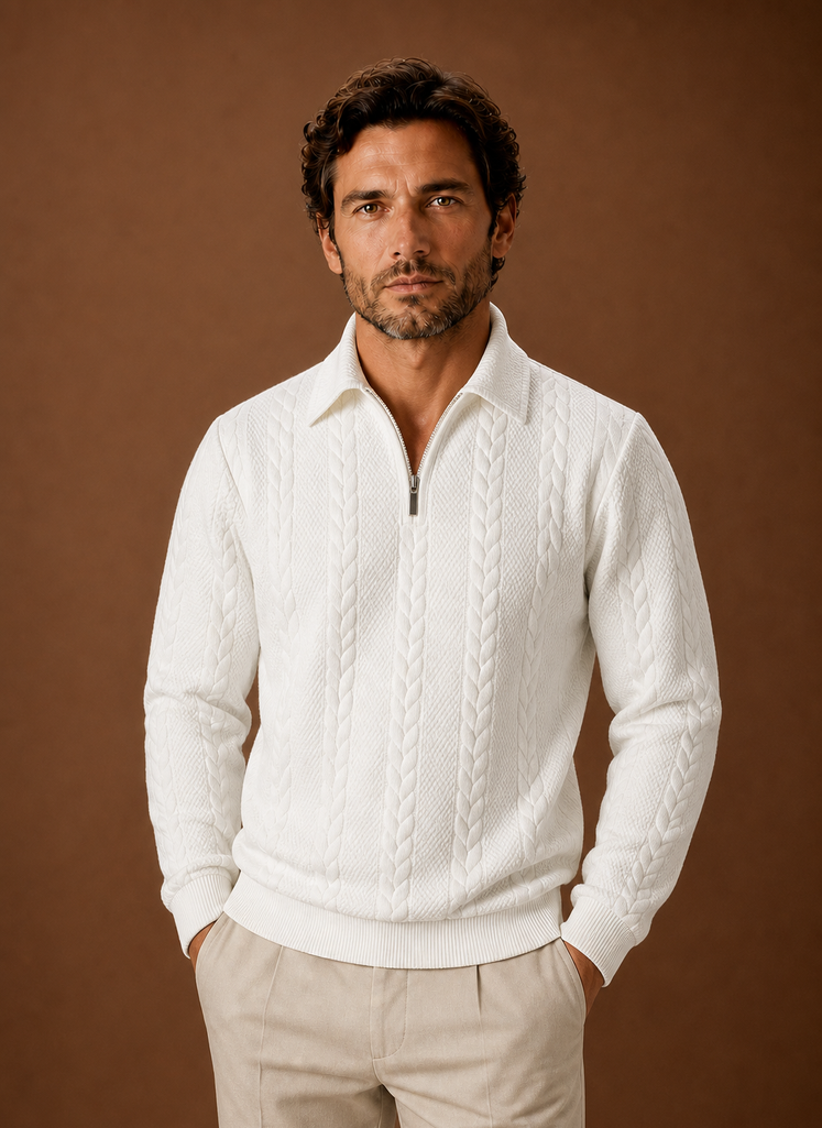 Front view of Areleon men's zip sweater showing front zipper and full-length sleeves