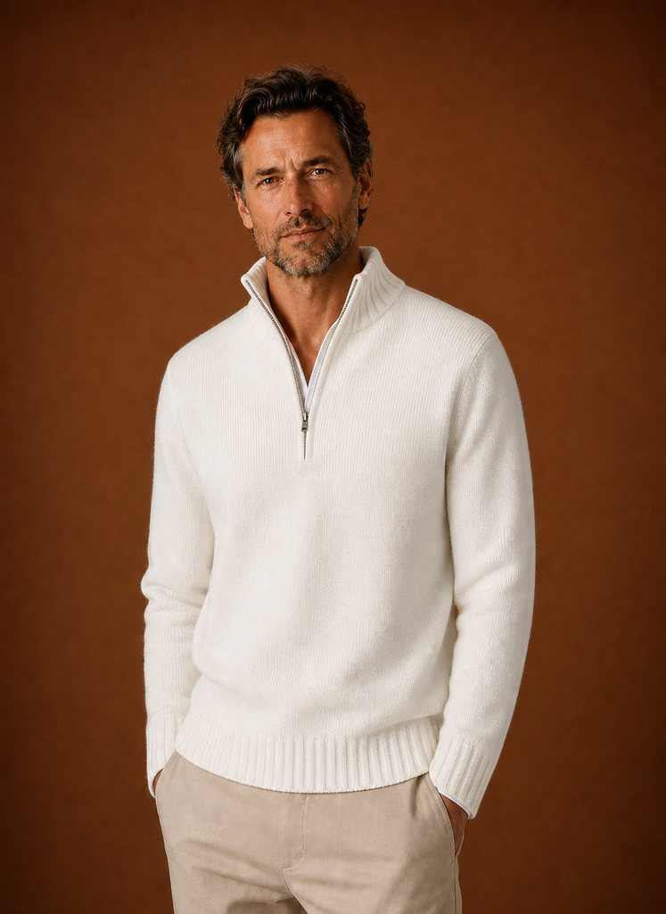 Front view of Areleon men's half-zip knit sweater on a mannequin