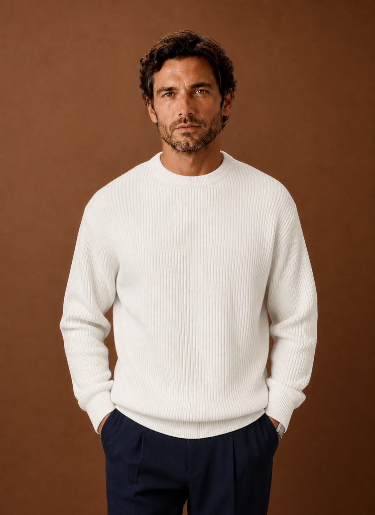 Front view of a men's white crewneck pullover showing the neckline and full-length sleeves