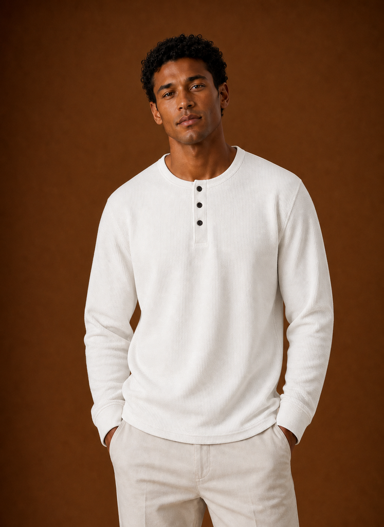 Front view of men's waffle knit Henley shirt showing button placket and textured knit