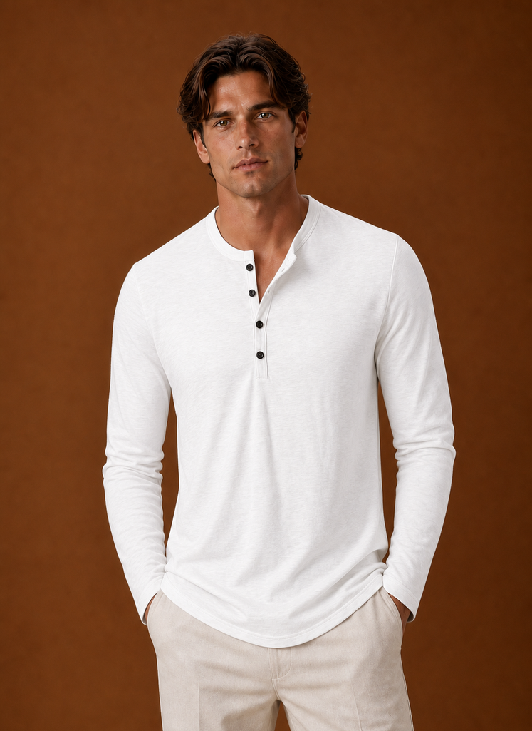 Front view of the Areleon men's Henley shirt showing the Henley neckline and button placket
