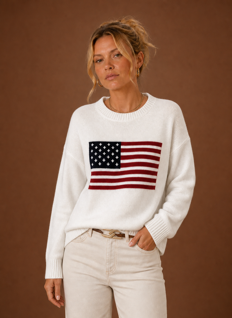 Front view of Areleon American Flag crew neck pullover with flag graphic on chest