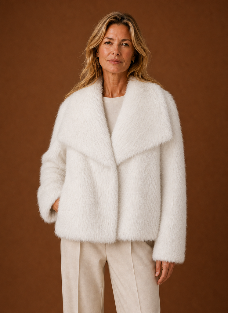 Front view of women's faux fur coat showing open-front silhouette