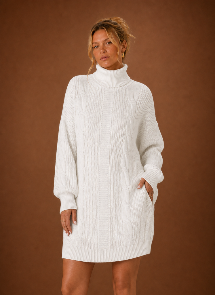 Front view of women's turtleneck sweater dress showing the turtleneck neckline and overall knit silhouette
